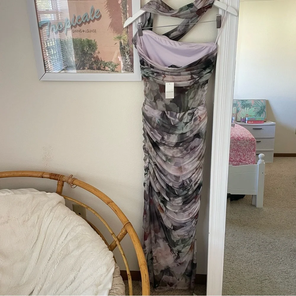Abercrombie & Fitch Floral One-Shoulder Ruched Maxi Dress in Green and Gray